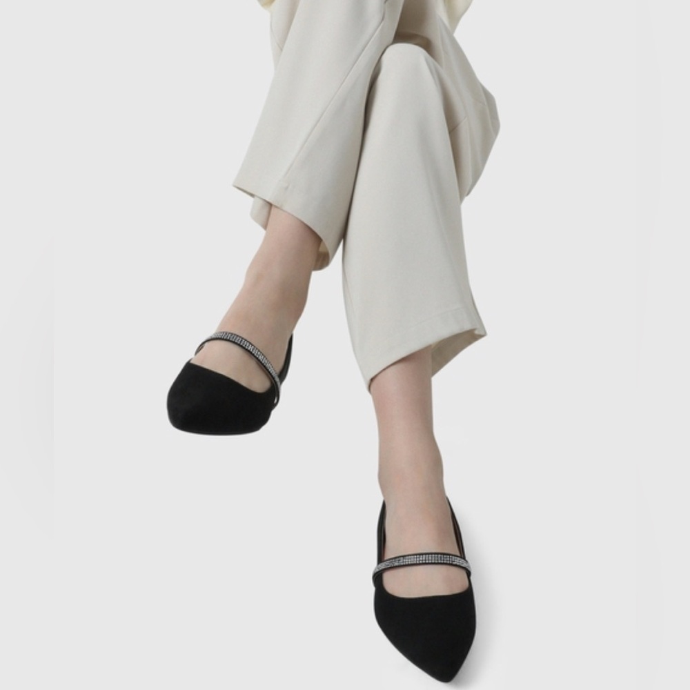 Black Flat With Rhinestone Strap Womens Shoes